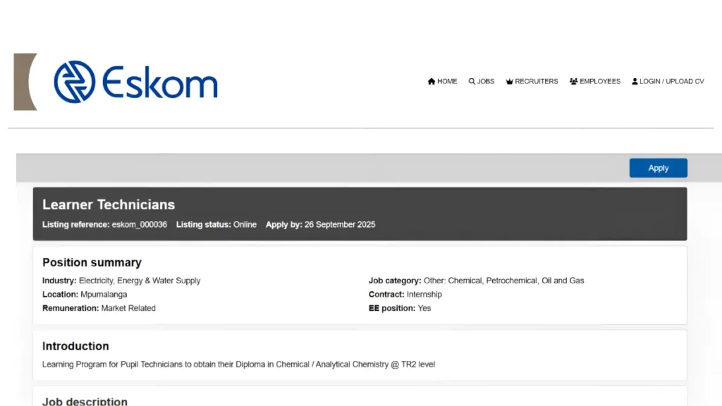 Eskom Learner Technician Internship