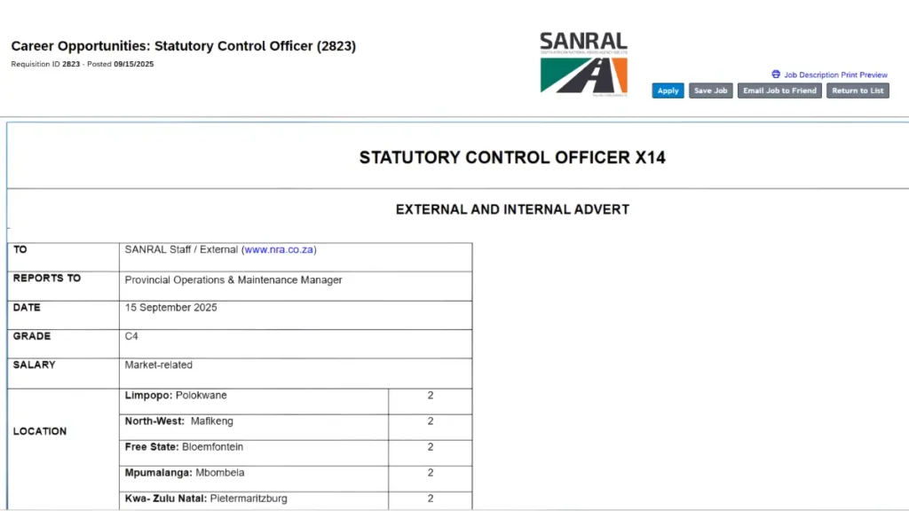 SANRAL Statutory Control Officer