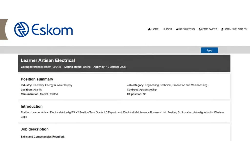 Eskom Learner Artisan Electrical Apprenticeship
